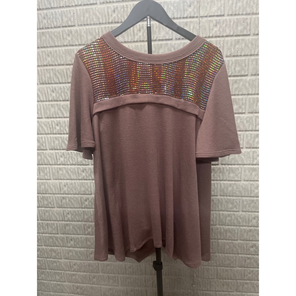 Ces Femme Mauve Sequin Yoke‎ Ribbed Knit Short Sleeve Top TT3584SB Large